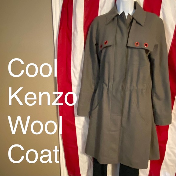 KENZO Paris Unisex Sz 40 Khaki Green Red Trim Wool Trench Coat - Picture 1 of 15
